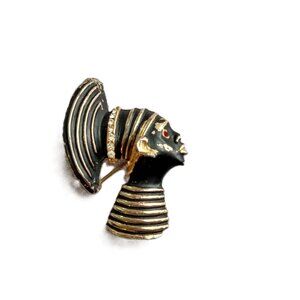 Vintage Nubian African Queen Brooch Figural signed DAFRI Gold Black AS IS